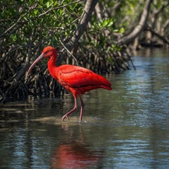 A scarlet ibis wading through the shallow waters of a mangrove forest.