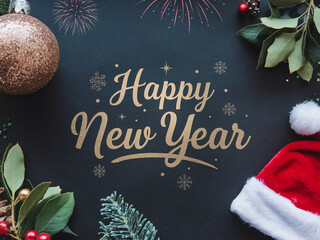 Happy new year celebration text typography lettering Christmas ball on dark background greeting card