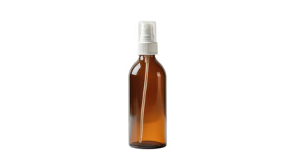 Brown glass spray bottle placed on a white surface with a plain background for product display or styling purposes.