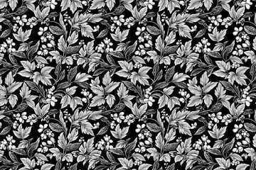 Toile pattern tapestry. Arts and crafts. Monochrome botanical pattern background. Created with Generative AI technology