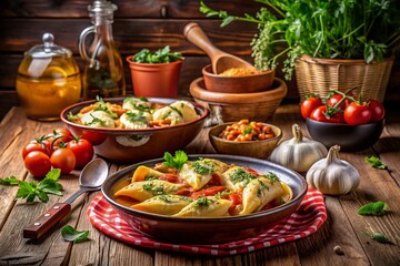 Cozy Comforting Stuffed Shells with Chicken Pasta in a Warm Urban Kitchen Setting, Perfect for a Deliciously Inviting Meal Experience