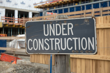 Sign indicating ongoing construction at a building site in a bustling urban area