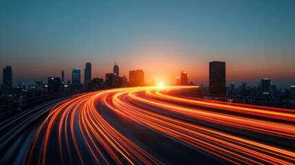 Fototapeta premium vibrant city skyline at sunset with light trails from moving vehicles. scene captures dynamic energy of urban life, showcasing modern architecture and beautiful twilight sky