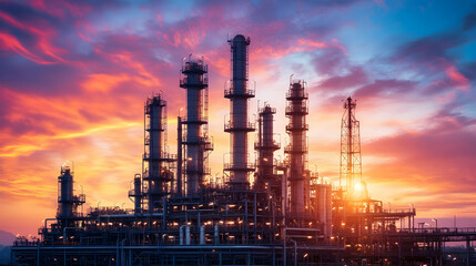 Obraz premium Industrial Complex at Sunset with Vibrant Sky Colors and Smoke Stacks