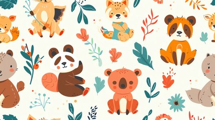 Fototapeta premium A seamless pattern of adorable cartoon animals and flowers.