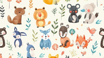 Naklejka premium A seamless pattern with cartoon forest animals.