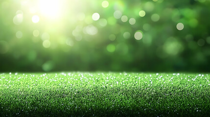 Naklejka premium Lush Green Grass with Morning Dew and Soft Sunlight Glow