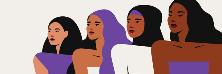 Poster with four women which stand together next to each other. Girls in purple colors for Women's Day. Banner for Empowerment and female rights in society. Vector illustration