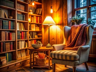 Cozy Library Corner with Books and Warm Lighting, Perfect for Reading and Study, Featuring a Tranquil Atmosphere with Ample Copy Space to Inspire Literary Adventures