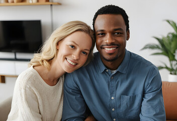 Fototapeta premium Young cheerful interracial couple at home. African American man and White woman portrait.