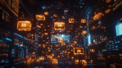 Obraz premium A dynamic display of gold bars and currency symbols floating above a trading screen in a high-tech environment.