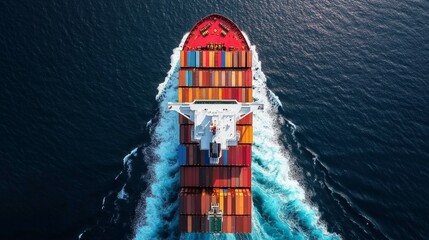 Aerial View, Container Ship, Sailing International Waters, Delivering Cargo Globally.
