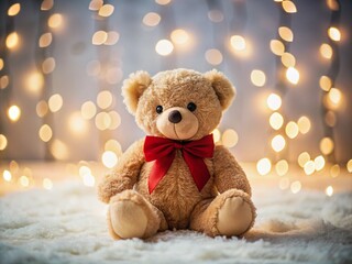 Cozy Night Photography of a Light Brown Teddy Bear with Red Bow on White Surface Against a Plain Background, Highlighting Its Fluffy Texture and Warm Appeal