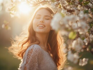 Fototapeta premium A Young Woman Smiles Joyfully as Sunlight Filters Through Blossoming Cherry Trees During a Spring Afternoon