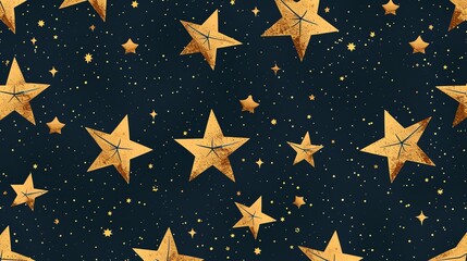 Fototapeta premium A seamless pattern of gold stars on a dark blue background.