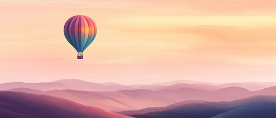 Fototapeta premium A colorful illustration of a hot air balloon floating in a pastel sunset sky above rolling purple mountains, creating a dreamy landscape scene. Generative AI.
