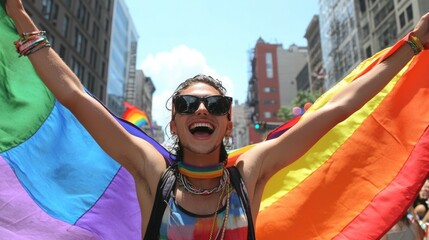 a young woman waving the rainbow flag at an pride parade, she is wearing sunglasses and has her mouth open in celebration, she holds up both arms with outstretched hands holding onto two large stripes
