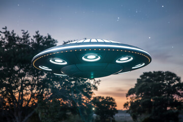 Obraz premium Brightly lit flying saucer hovering over trees during sunset in an extraterrestrial encounter