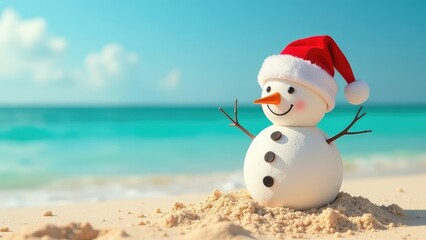 Cute Snowman Made With Sand On A Vacation Day On A Paradise Beach. Advertising Banner For Travel During New Year Holidays