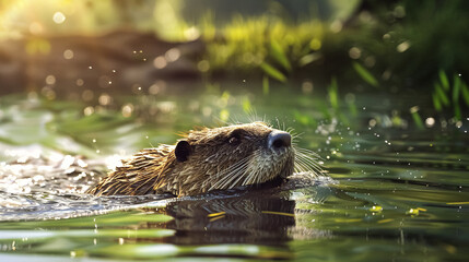 Nutria swimming in a city river during summertime.