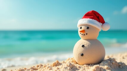 Cute Snowman Made With Sand On A Vacation Day On A Paradise Beach. Advertising Banner For Travel During New Year Holidays