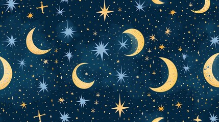 Fototapeta premium Seamless pattern with moons and stars on a dark blue background.