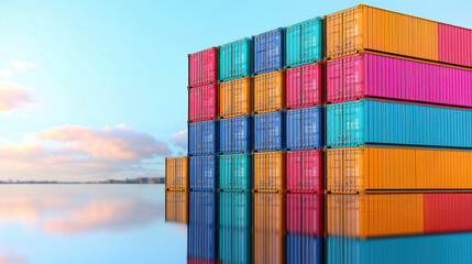 Fototapeta premium Colorful cargo containers stacked by water, reflecting vibrant scene