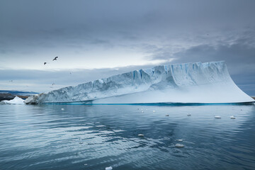Fototapeta premium Iceberg calving in calm waters of a remote Arctic region under a moody sky