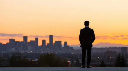Fototapeta premium businessman stands on rooftop overlooking city skyline at sunset
