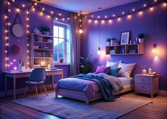 Cozy Teen Girl Bedroom Night Scene with Purple Walls and Blue Accents, Perfect for Relaxation and Inspiration in a Stylish Living Space