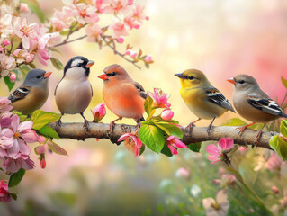 illustration of birds in spring on a branch in colors Ai, A group of small, cute birds sitting on a...