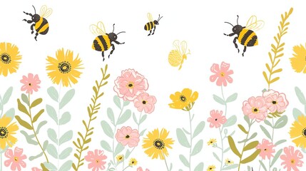 Obraz premium A seamless pattern of bees and flowers on a white background.