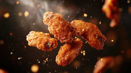 Crispy chicken wings floating with seasoning in a dynamic scene.