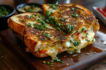 A close-up of a grilled cheese sandwich