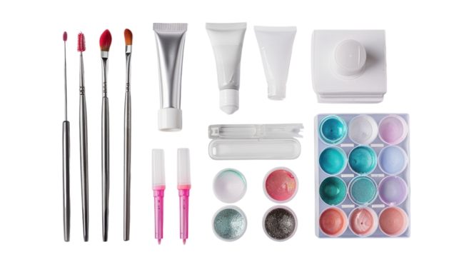 A collection of art supplies arranged neatly, showcasing tubes, brushes, and colorful palettes on a clean white background.