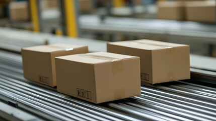 Brown Boxes on Conveyor Belt in Warehouse Packing and Shipping Area