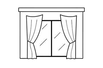 Glass window with curtains line art vector illustration