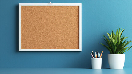 Empty Corkboard on Blue Wall with Green Potted Plant and Colorful Pens