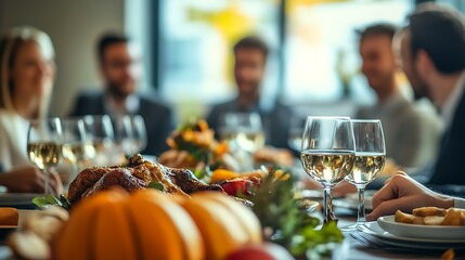 A professional leading a meeting while Thanksgiving accents enhance the office ambiance