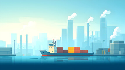 Obraz premium Cargo Ship in Tranquil Harbor with City Skyline in Background