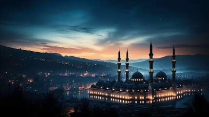 Stunning Nighttime View of a Grand Mosque with Majestic Minarets Illuminated Against a Night Sky and Serene Landscape