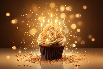 Beautiful golden cupcake with swirls of frosting and glowing candles set against a sparkling background, perfect for celebration and dessert themes.