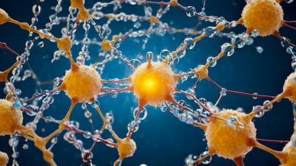 Digital abstract art of nanostructure network, glowing organic molecules, hydrocarbon, alkane, alkene, alkyne, nucleic acid. Glucose is involved in photosynthesis, gluconeogenesis, sugar and starch