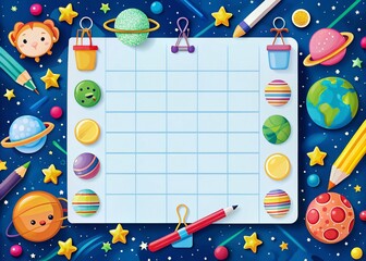 Creative Weekly Planner Template for Kids: Back to School Timetable Design Featuring School Supplies, Planets, Books, and Fun Doodles for Easy Scheduling