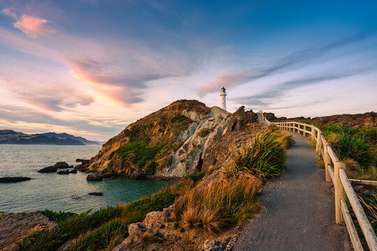 Evening sky over Castlepoint Lighthouse or Holiday Light and upper staircase on Wairarapa coast at New Zealand