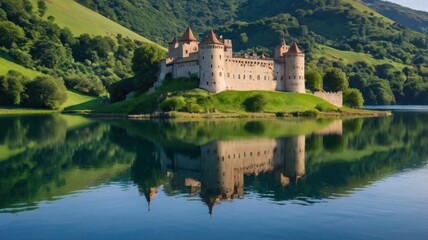 Obraz premium Majestic medieval castle on a serene lake, reflected perfectly in the calm water, surrounded by lush green hills.