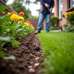 Gardener edging flowerbed with bright orange and yellow blooms in lush backyard