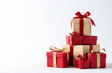 Gift boxes stacked in a tower shape, white background.
