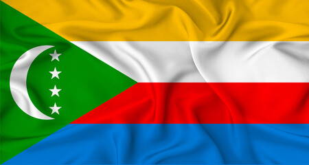 Obraz premium Comoros flag with Texture Waving in the wind. Realistic flag of Comoros waving in the wind