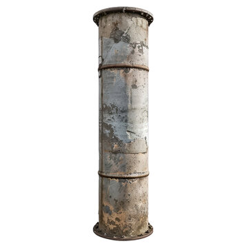 Weathered Industrial Concrete Column with Metal Bands, Rustic Vintage Architectural Element, Isolated png background 